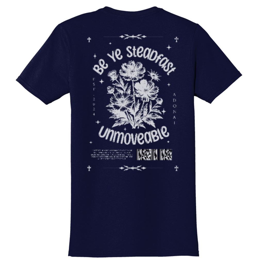 Adonai "Be Ye Steadfast" Navy T-shirt, Back Print