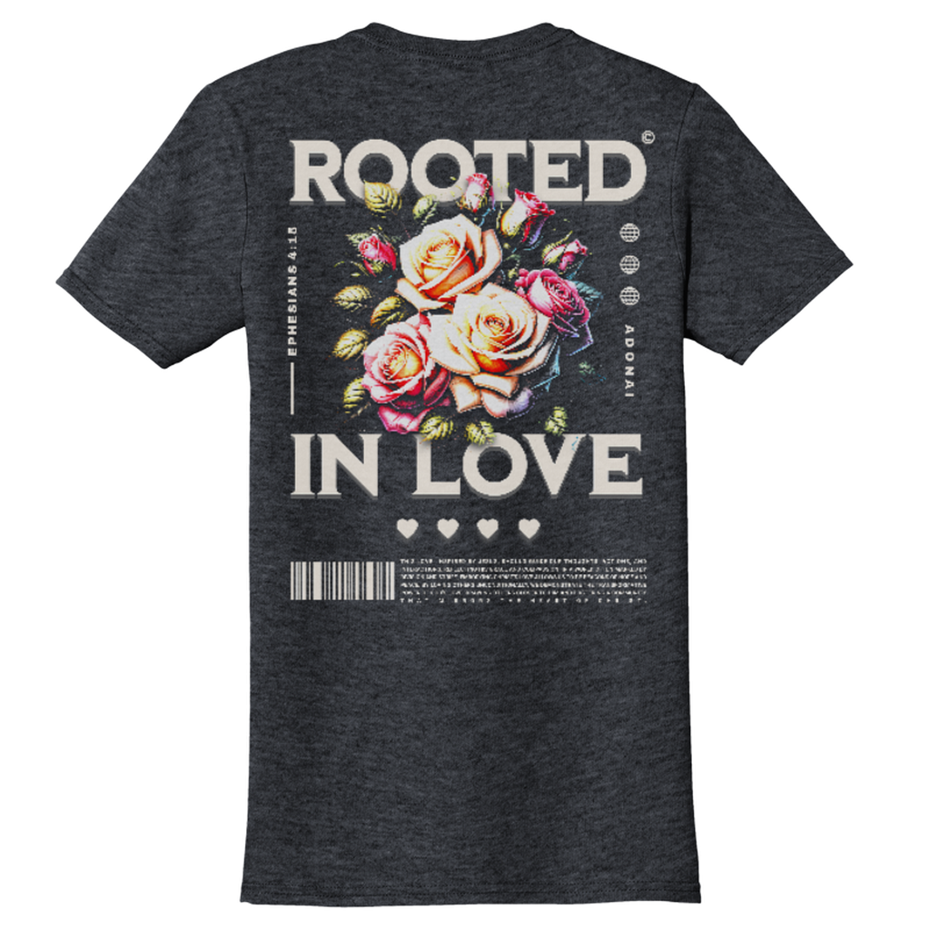 "Rooted In Love" Heather Grey Adonai T-Shirt, Back Print