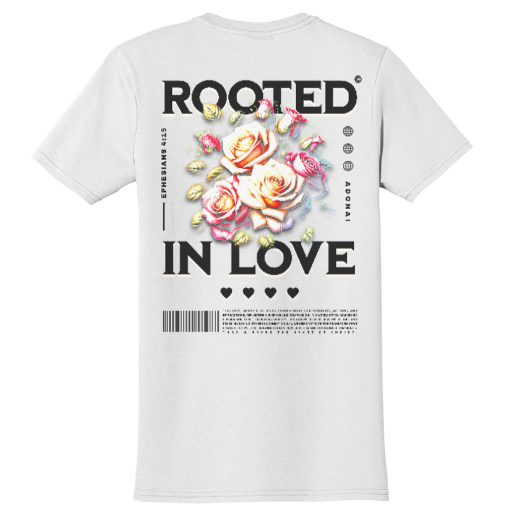 "Rooted In Love" White Adonai T-Shirt, Back Print