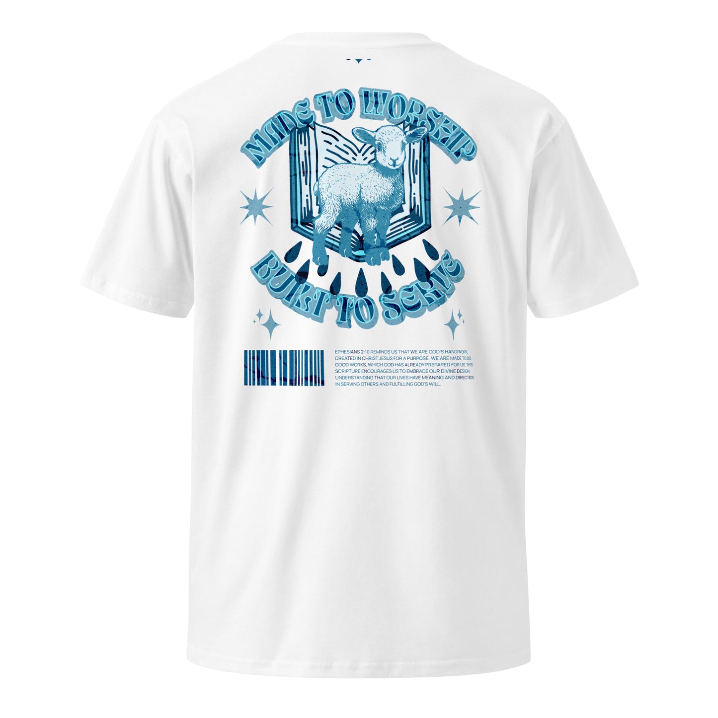 "MTWRSHP" White/Baby Blue Adonai Tee, Back Print